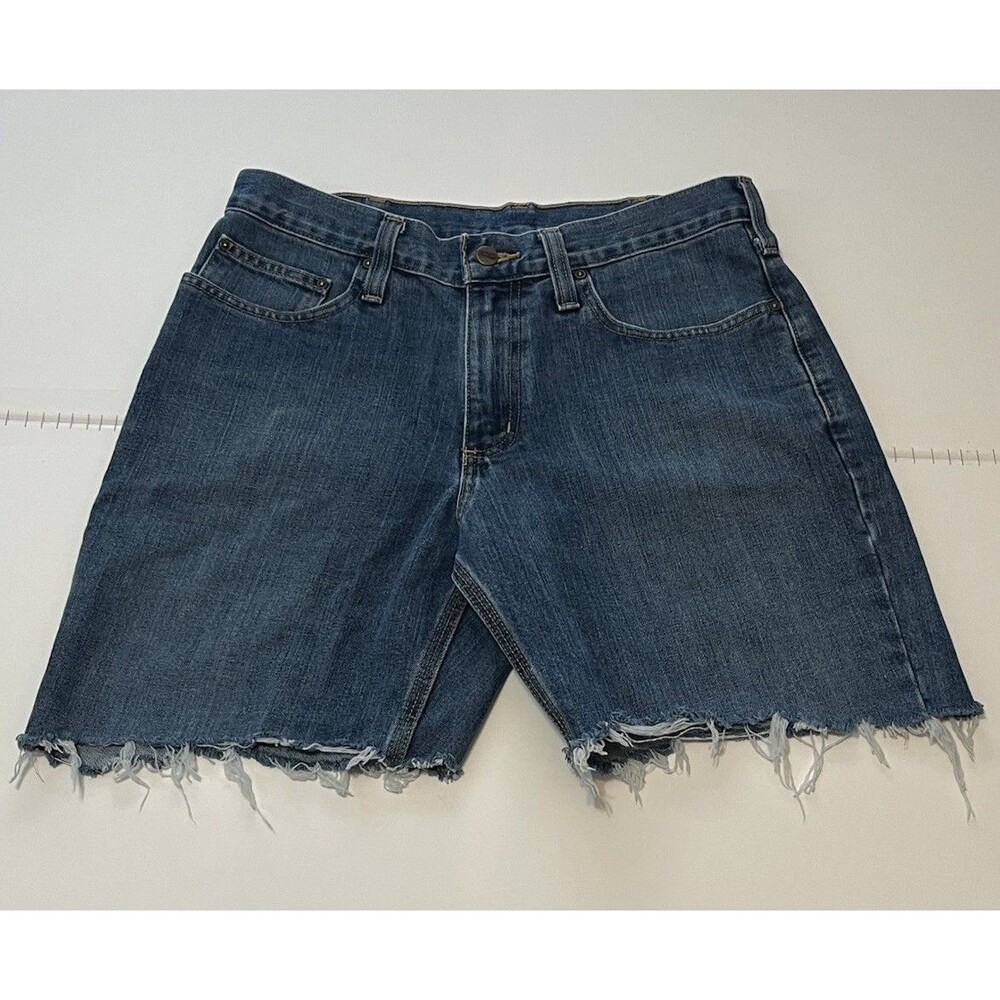 Carhartt Men’s Blue Denim Cutoff Shorts Medium Wash Frayed Logo Pockets 32"
